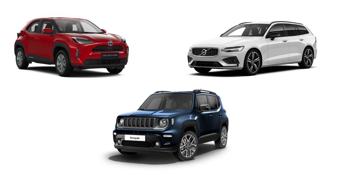 Composite image with three cars in blue, white and red