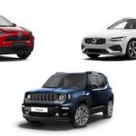 Composite image with three cars in blue, white and red