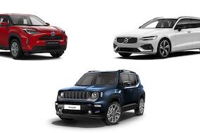 Composite image with three cars in blue, white and red