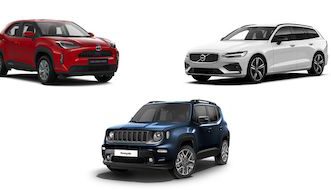 Composite image with three cars in blue, white and red