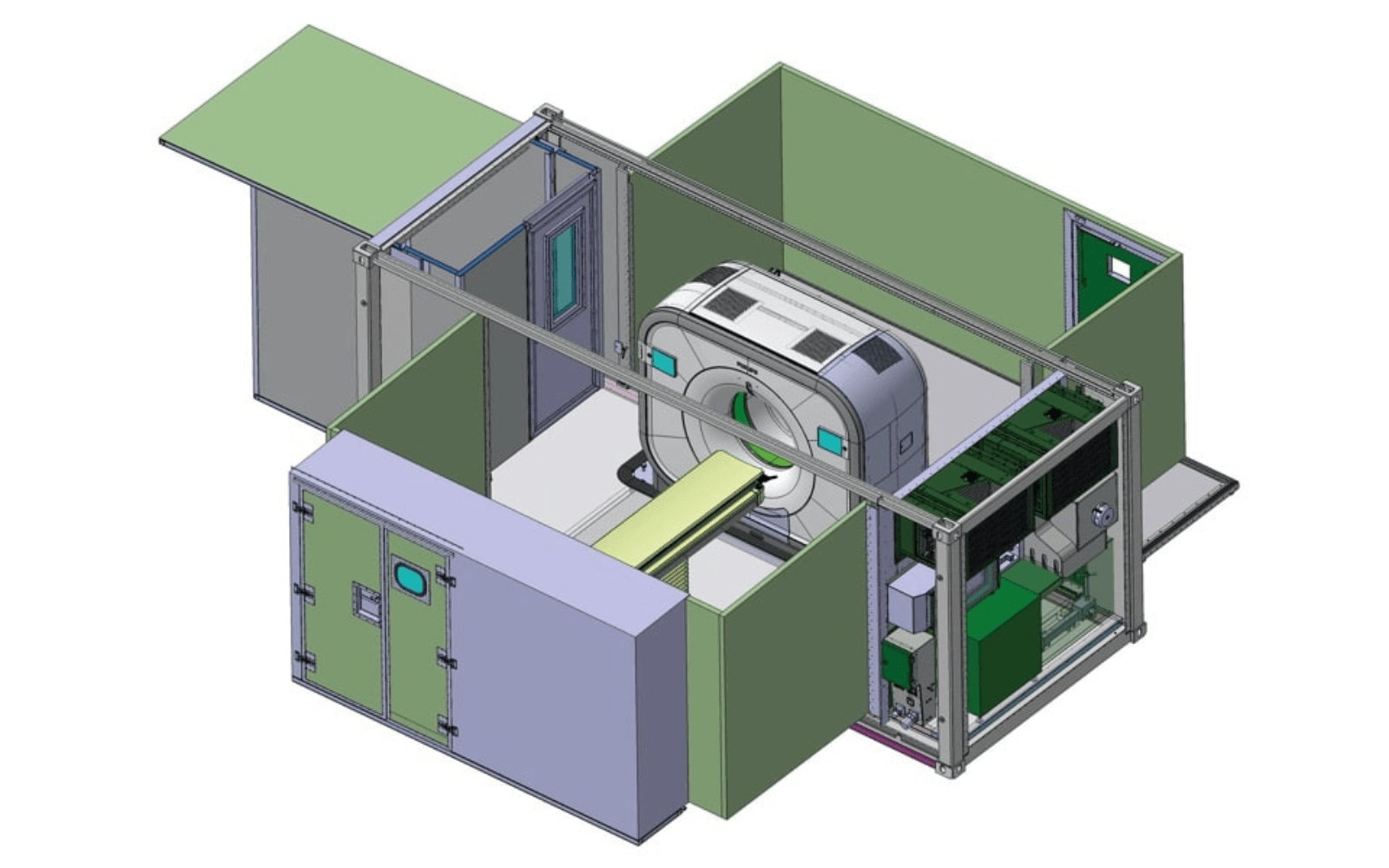 Drawing of a medical CT scanner in a transportable container